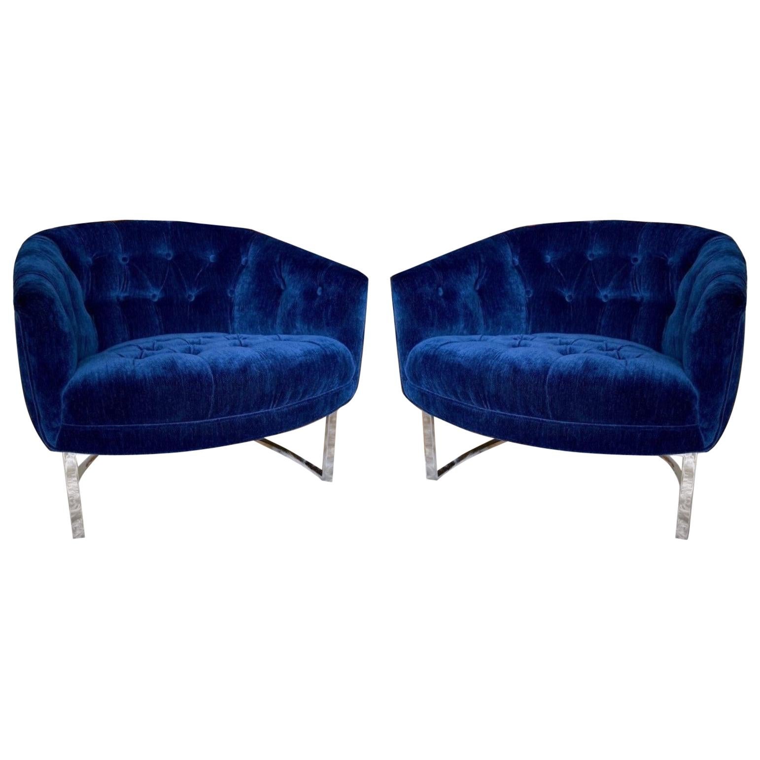 Pair of Milo Baughman Style Blue and Chromed Steel Framed Armchairs, 1970s
