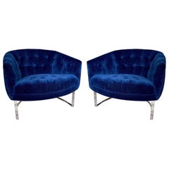 Pair of Milo Baughman Style Blue and Chromed Steel Framed Armchairs, 1970s
