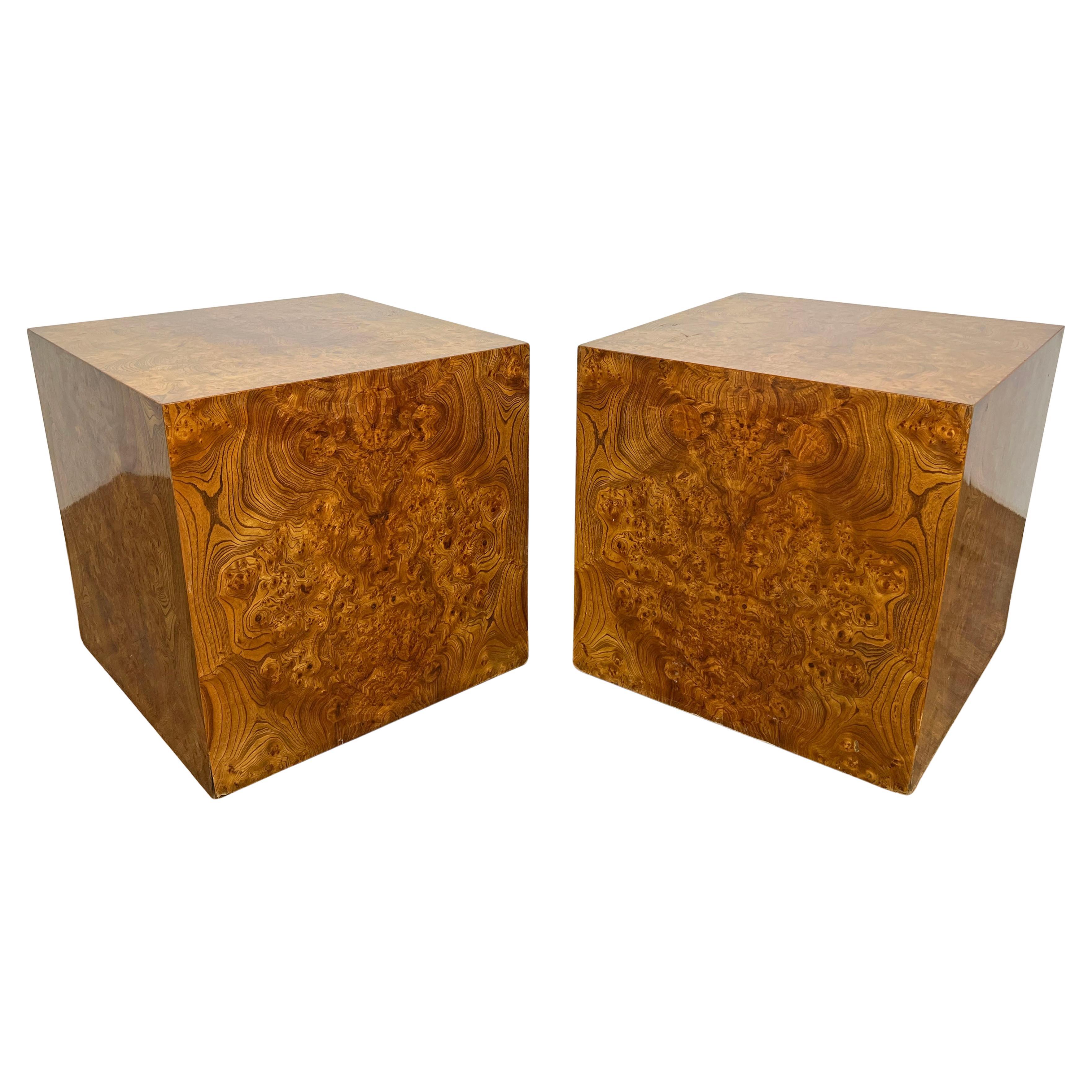 Pair of Milo Baughman Style Burlwood 24" Cube Side Tables, Circa 1960s For Sale