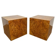 Pair of Milo Baughman Style Burlwood 24" Cube Side Tables, Circa 1960s