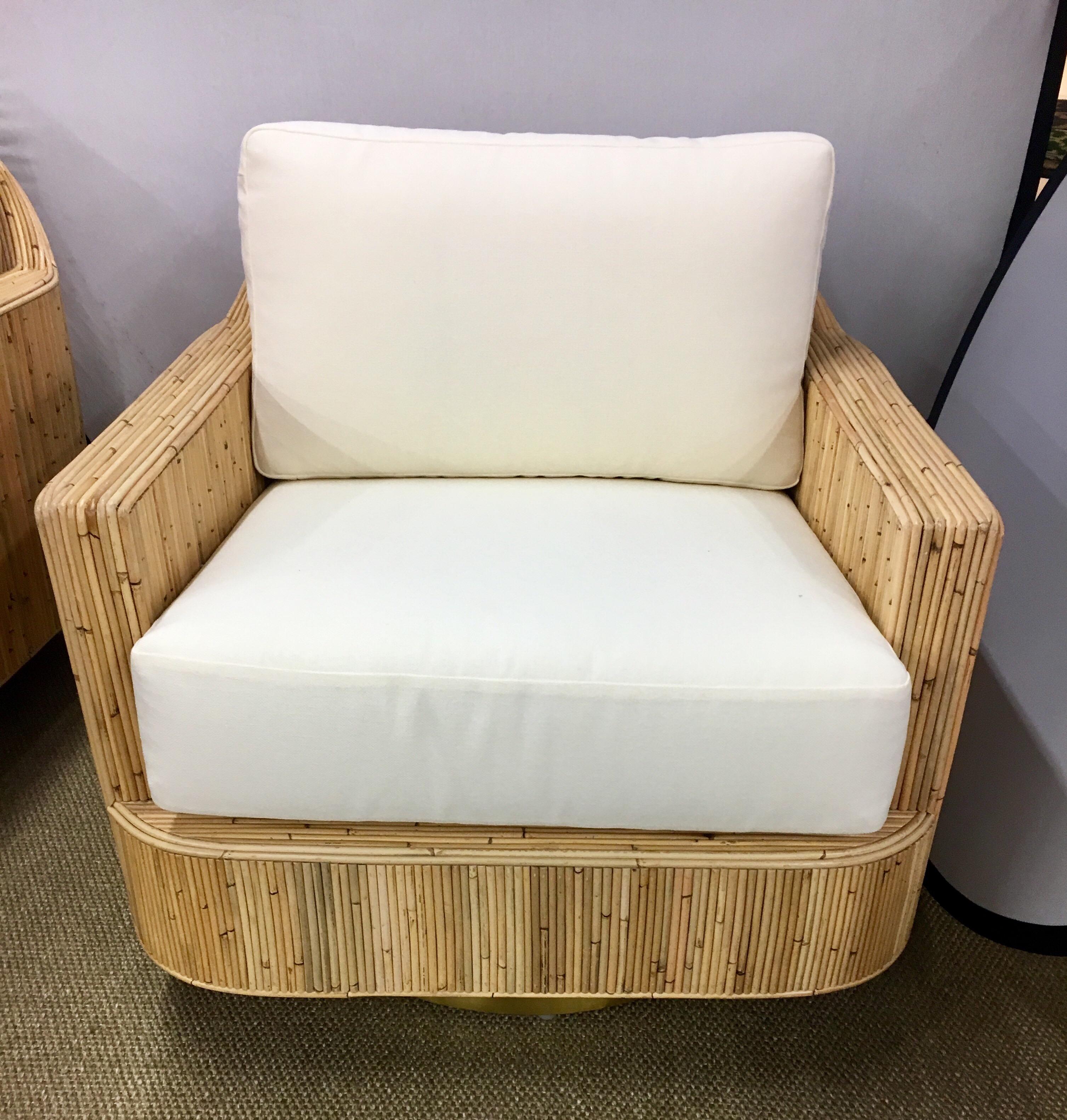 Mid-Century Modern Pair of Milo Baughman Style Cased Bamboo Swivel Chairs