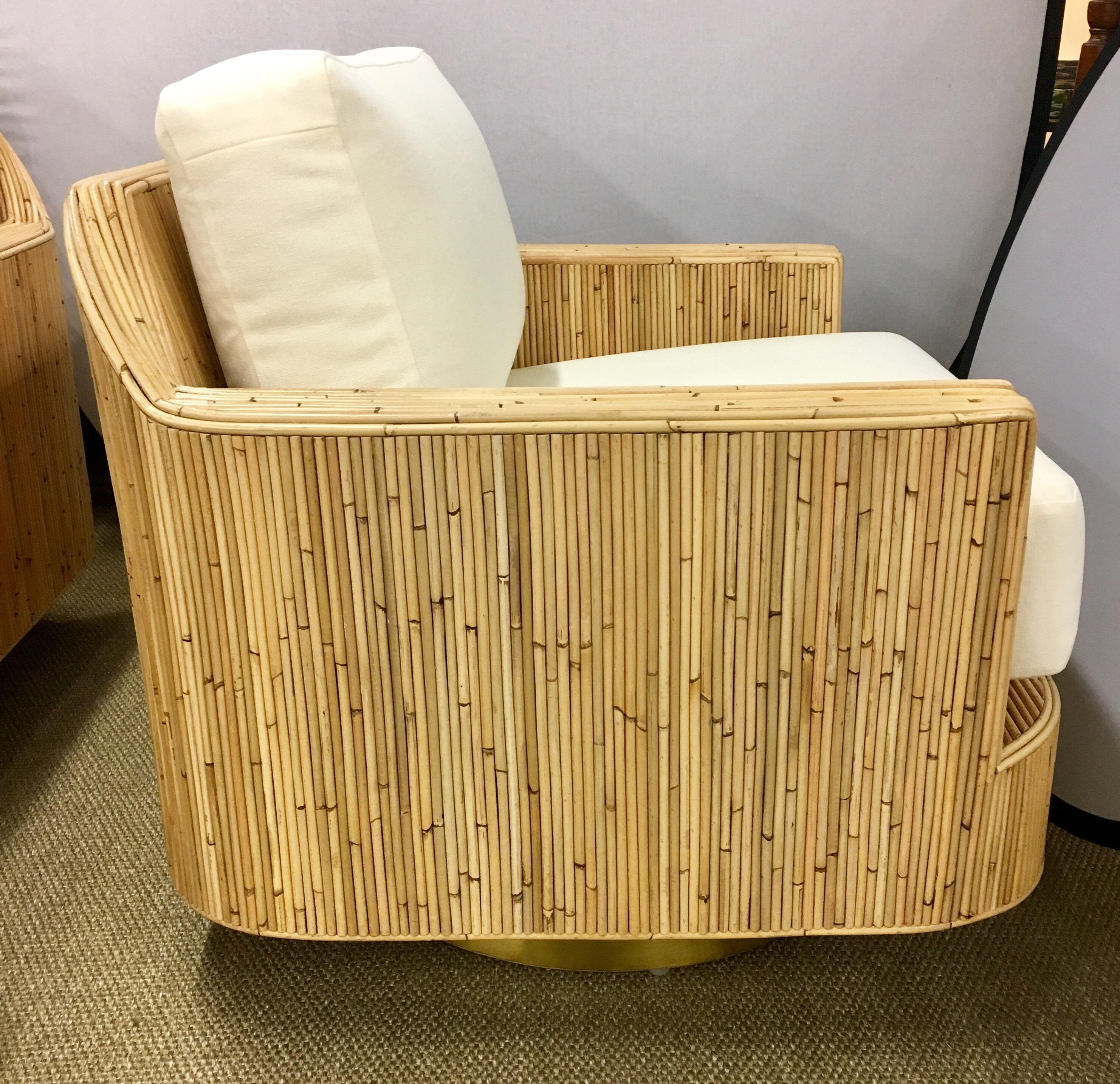 Pair of Milo Baughman Style Cased Bamboo Swivel Chairs In Excellent Condition In West Hartford, CT
