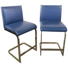 Pair of Milo Baughman Style Counter Stools in Blue Leather and Flat Bar Chrome