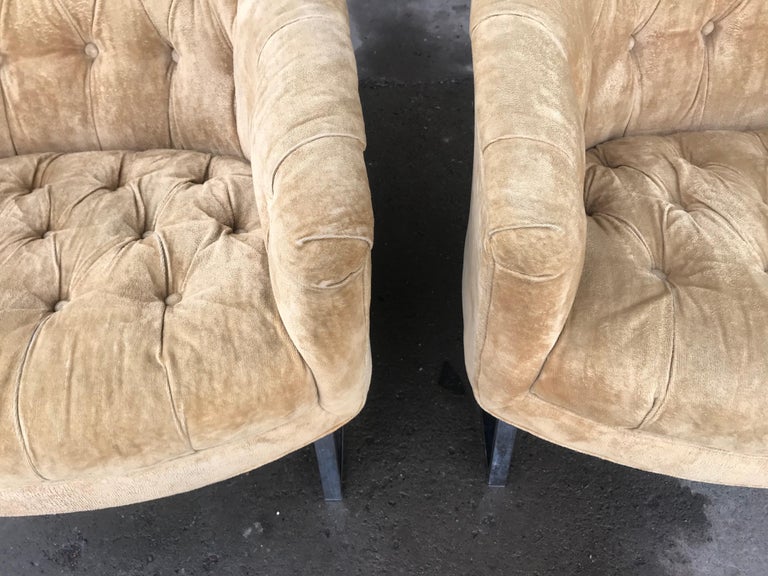 Pair Of Milo Baughman Style Fabric Chrome Barrel Chairs By Woodmark Originals For Sale At 1stdibs