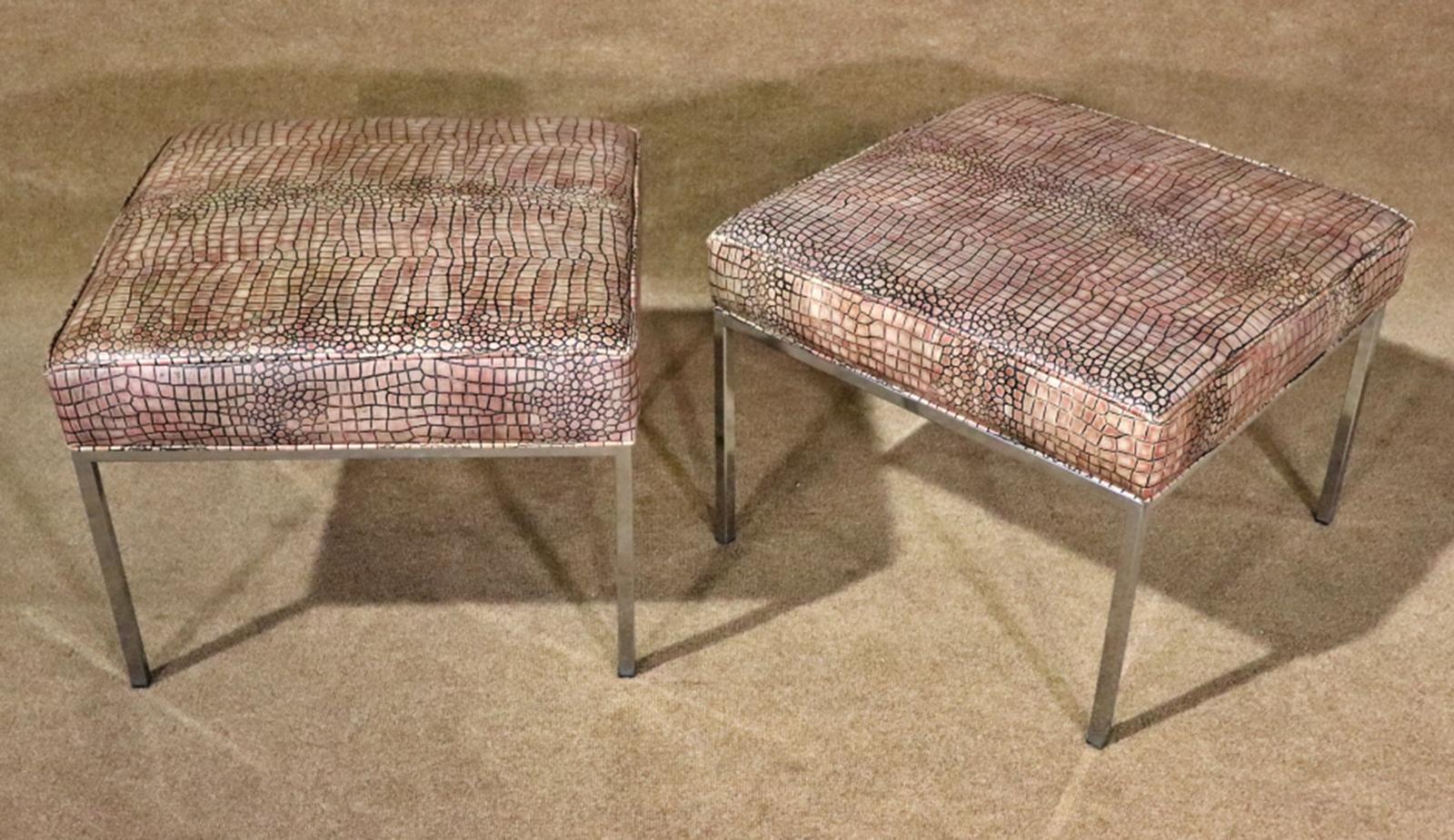 Mid-Century Modern Pair of Milo Baughman Style Faux Crocodilie Upholstered Chrome Stools Ottomans For Sale