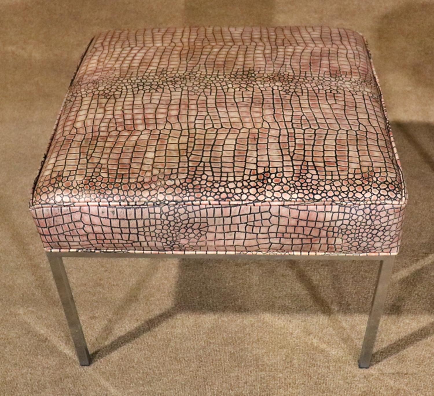 European Pair of Milo Baughman Style Faux Crocodilie Upholstered Chrome Stools Ottomans For Sale