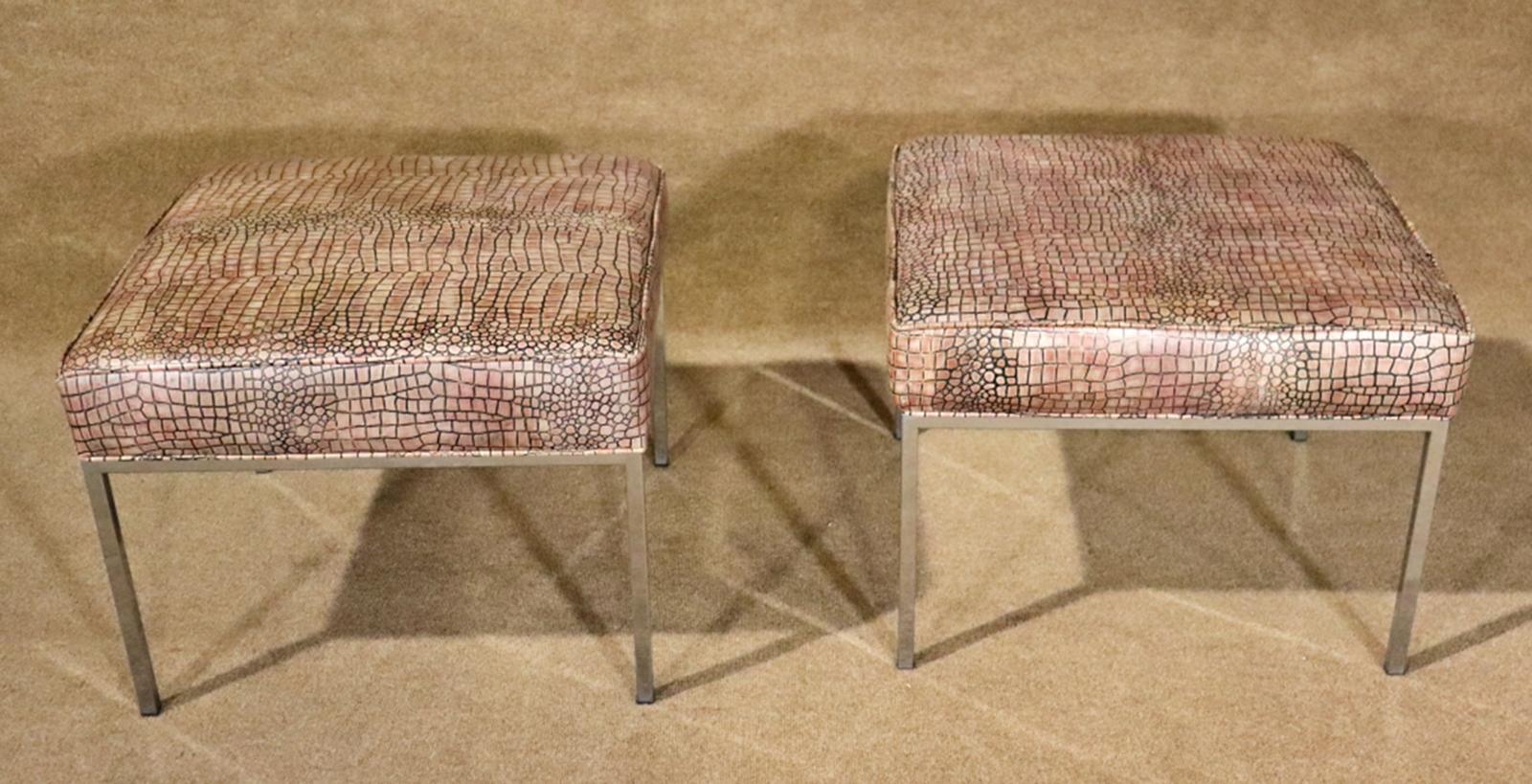 Pair of Milo Baughman Style Faux Crocodilie Upholstered Chrome Stools Ottomans For Sale 1