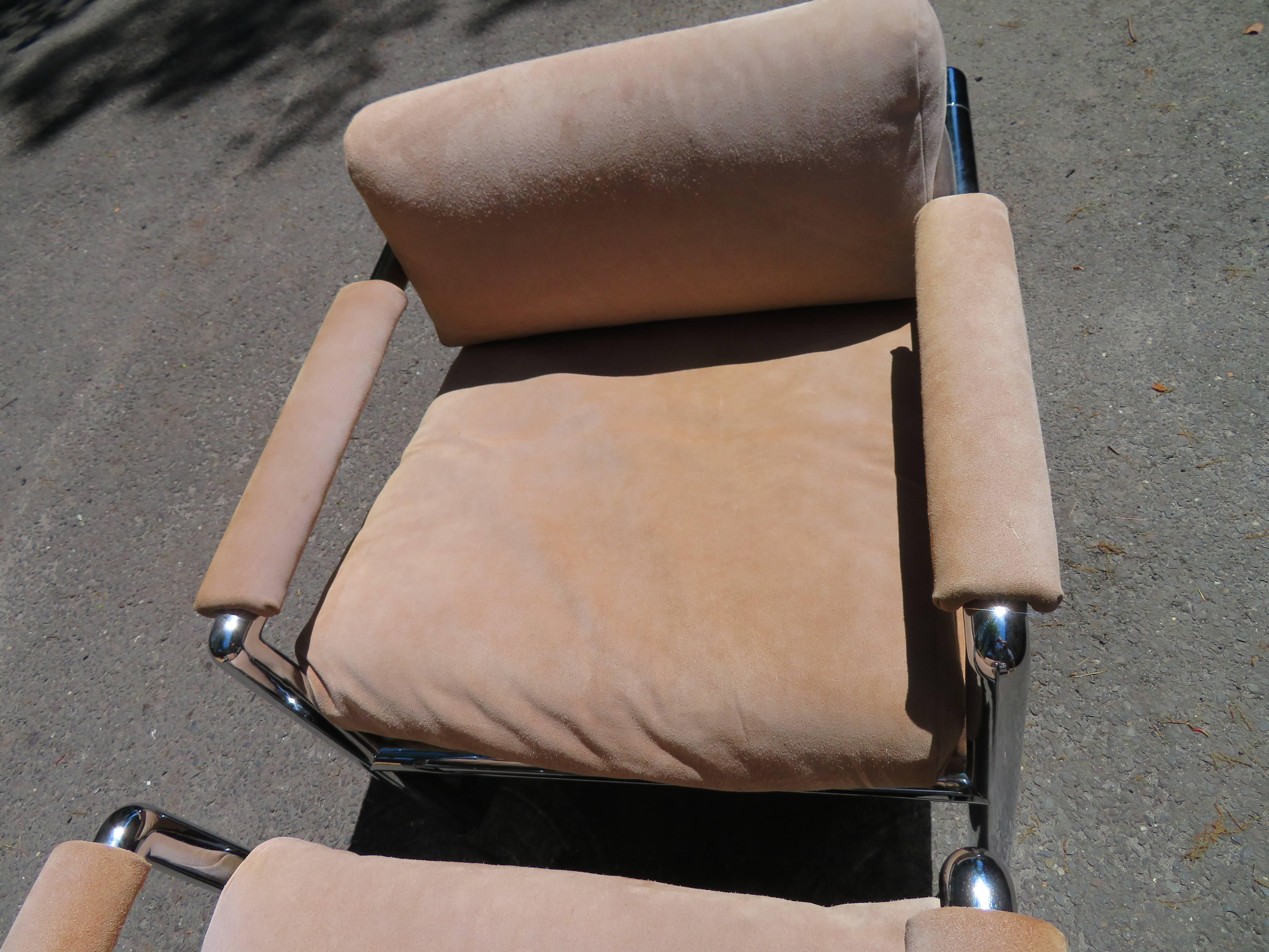 Pair of Milo Baughman Style Heavy Chrome Suede Lounge Chair Midcentury For Sale 4