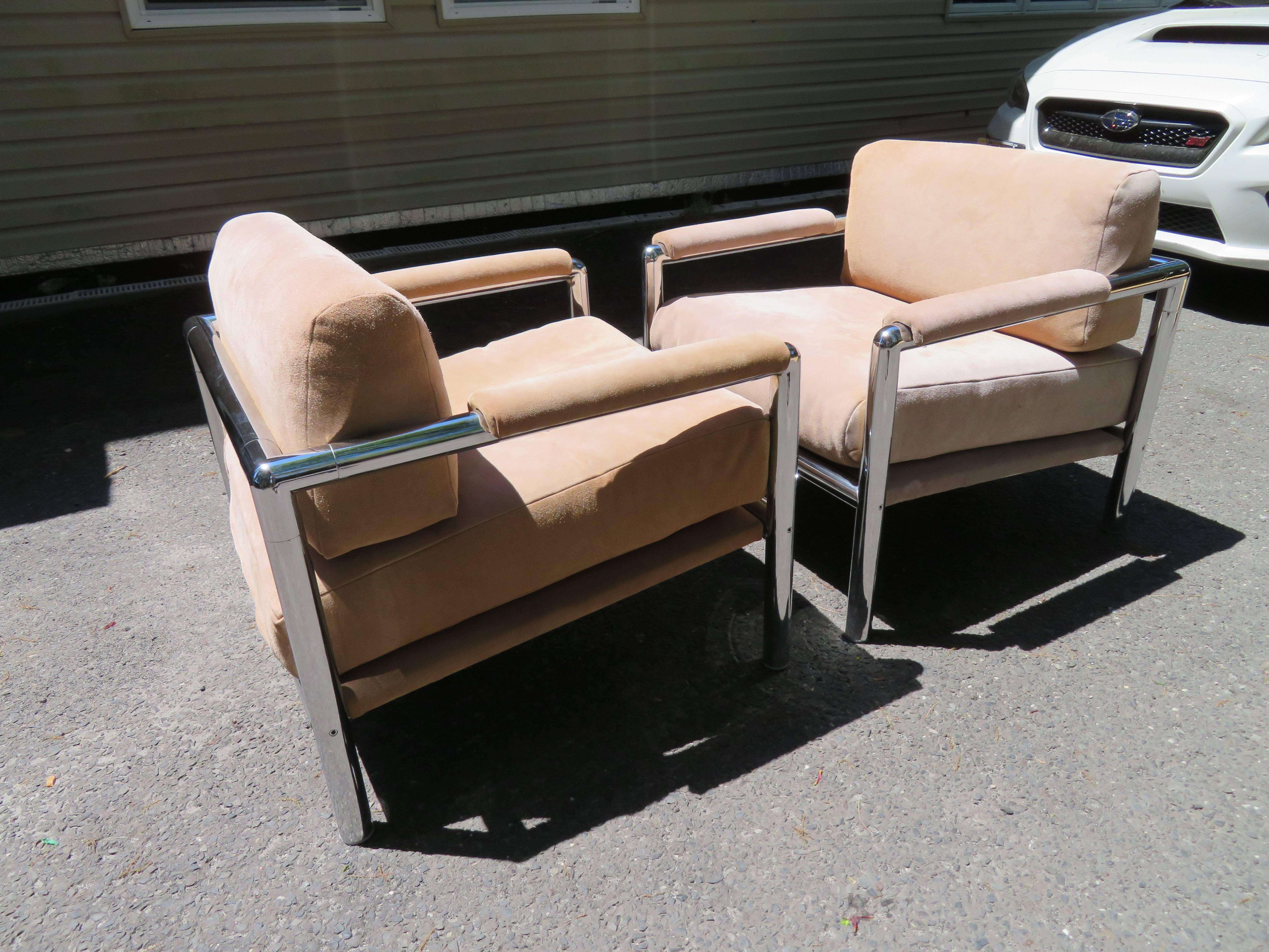 Pair of Milo Baughman Style Heavy Chrome Suede Lounge Chair Midcentury For Sale 8