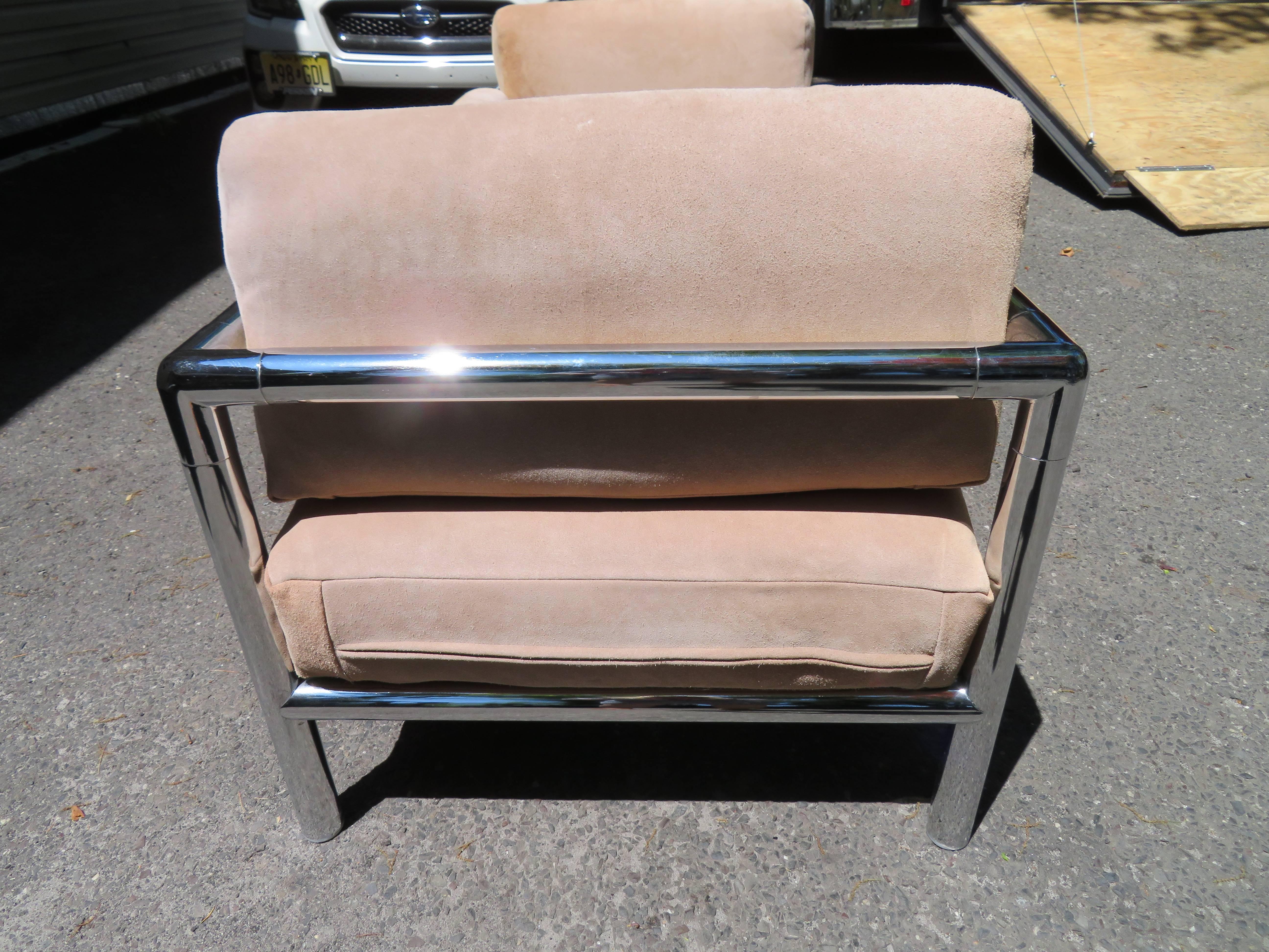 Pair of Milo Baughman Style Heavy Chrome Suede Lounge Chair Midcentury For Sale 9