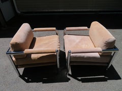 Pair of Milo Baughman Style Heavy Chrome Suede Lounge Chair Midcentury