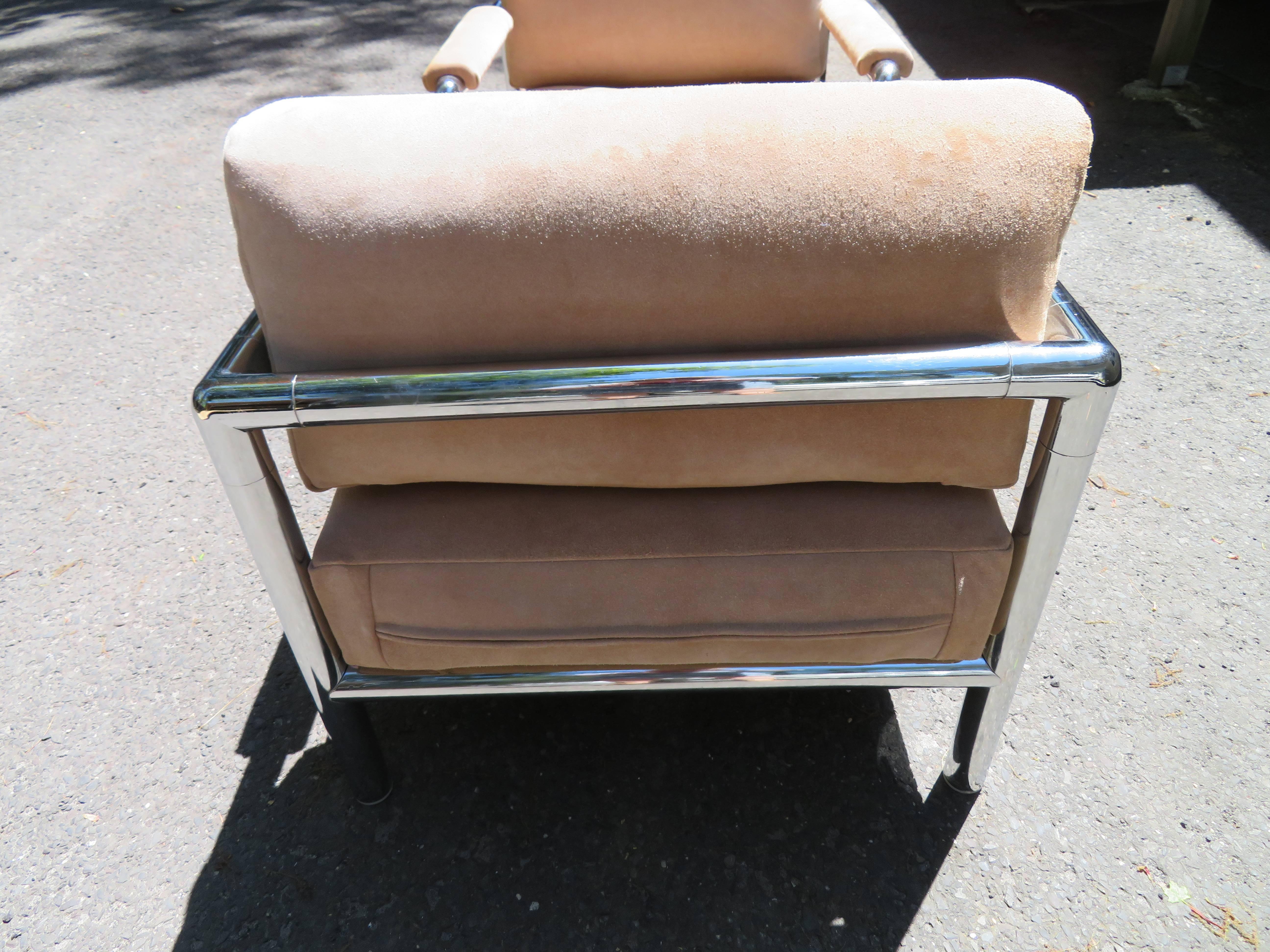 Pair of Milo Baughman Style Heavy Chrome Suede Lounge Chair Midcentury In Good Condition For Sale In Pemberton, NJ