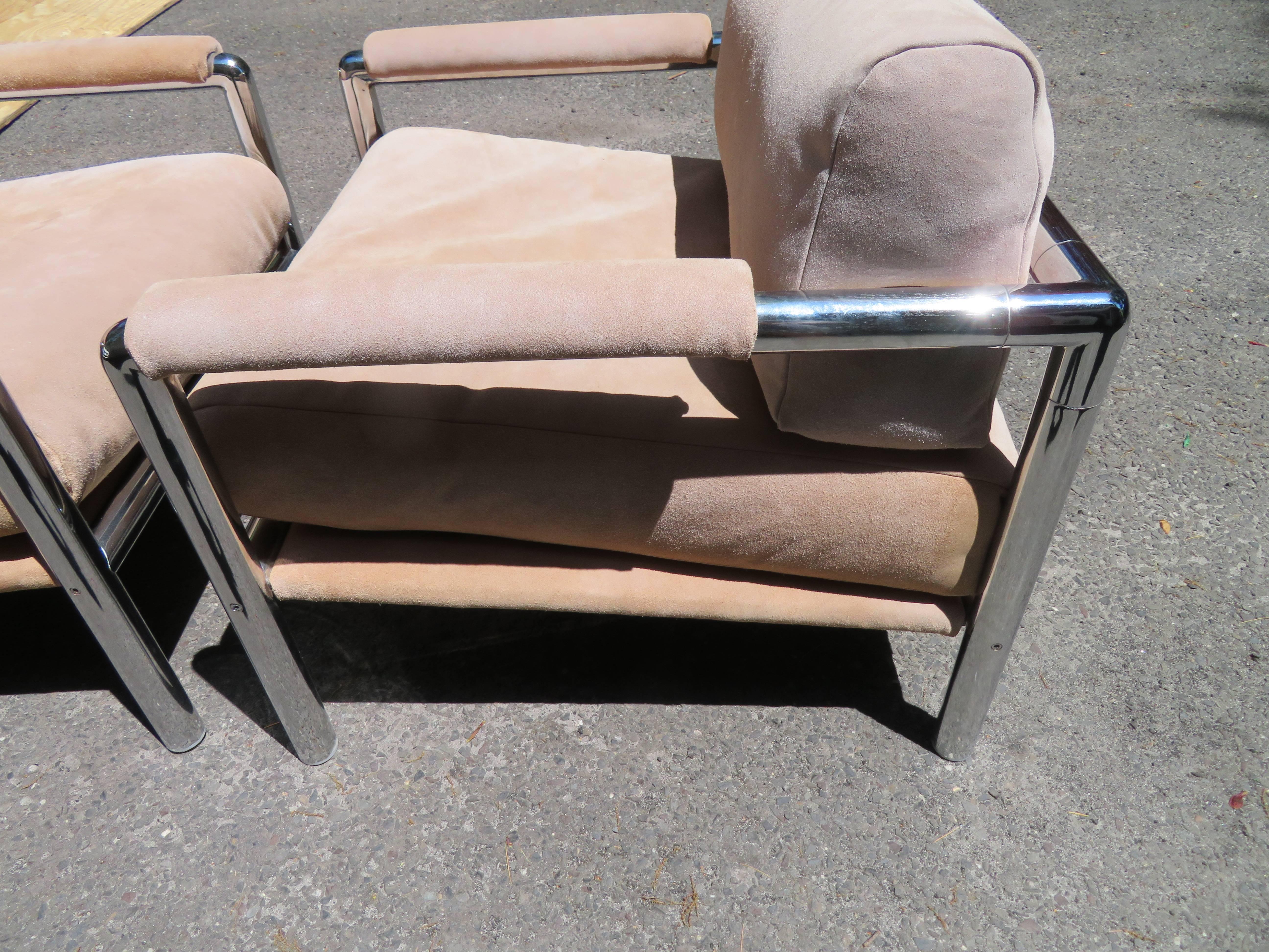 Pair of Milo Baughman Style Heavy Chrome Suede Lounge Chair Midcentury For Sale 2