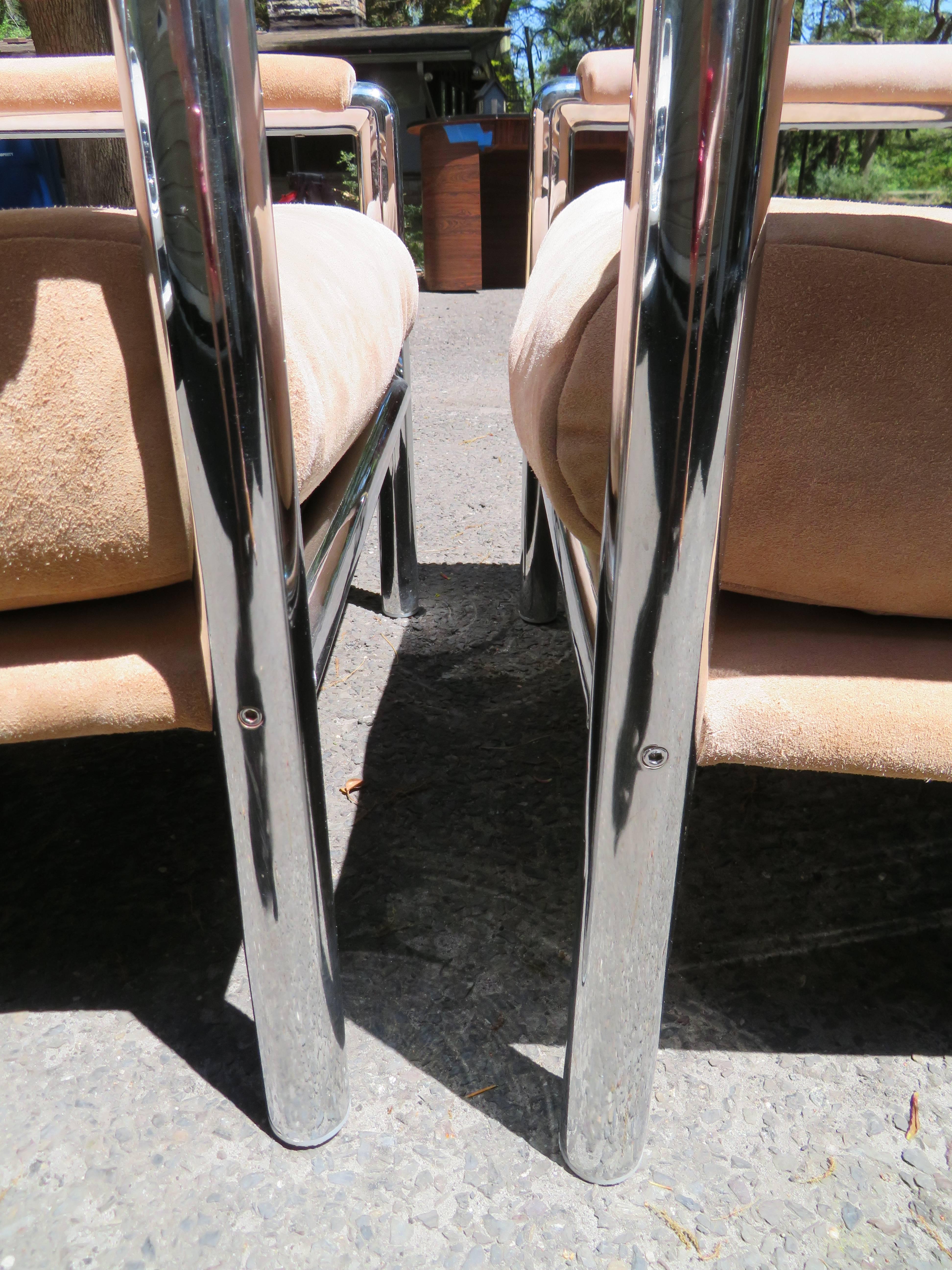 Pair of Milo Baughman Style Heavy Chrome Suede Lounge Chair Midcentury For Sale 3