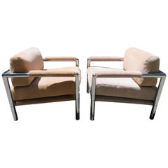 Pair of Milo Baughman Style Heavy Chrome Suede Lounge Chair Midcentury
