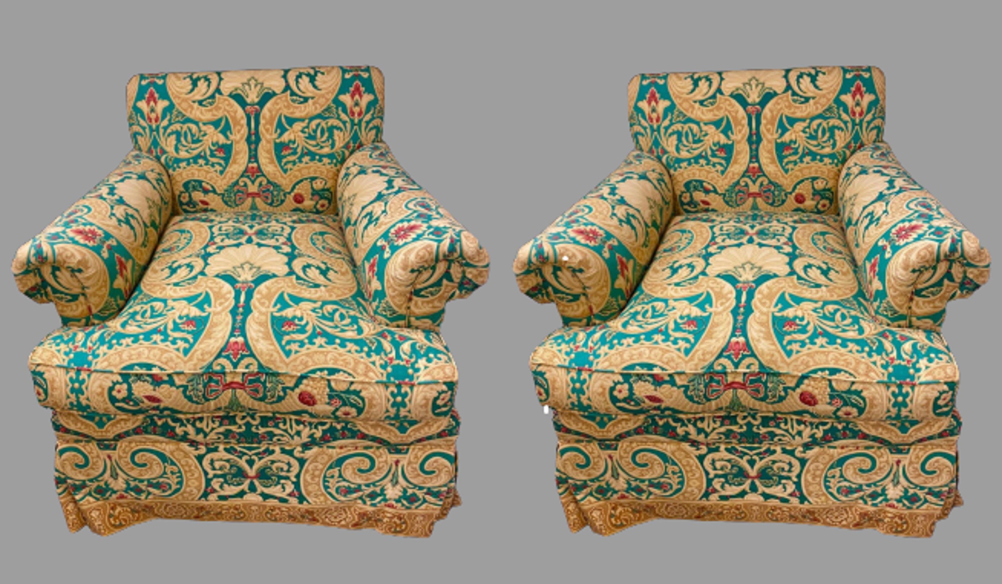 Pair of Milo Baughman. Ed Ferrell and Lewis Mittman Upholstered Swivel Armchairs. This pair of finely upholstered Edward Ferrell + Lewis Mittman custom swivel lounge chairs are done in a fine mid century modern psychedelic fabric. The pair resting