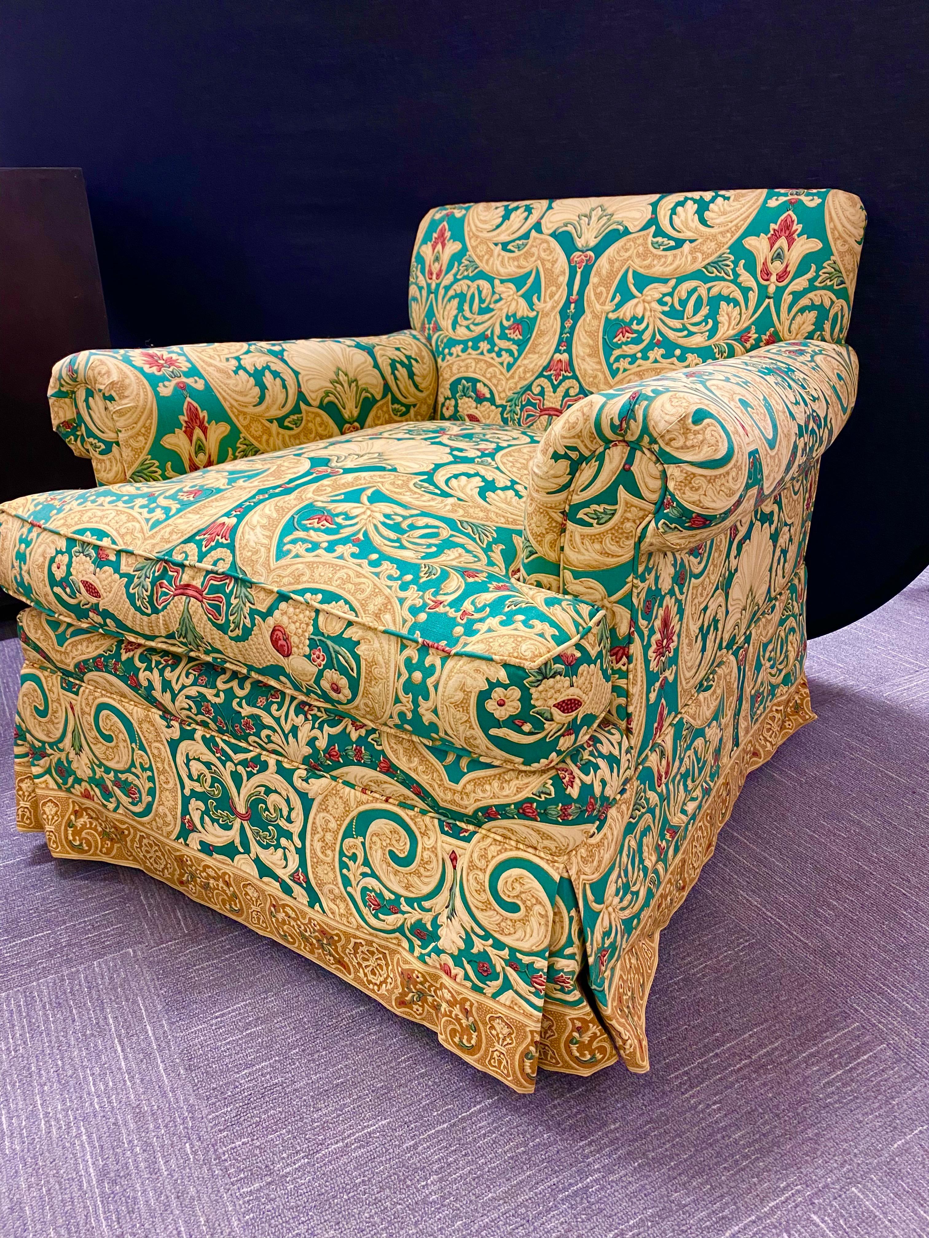 Fabric Pair of Milo Baughman Style Lewis Mittman Upholstered Swivel Armchairs