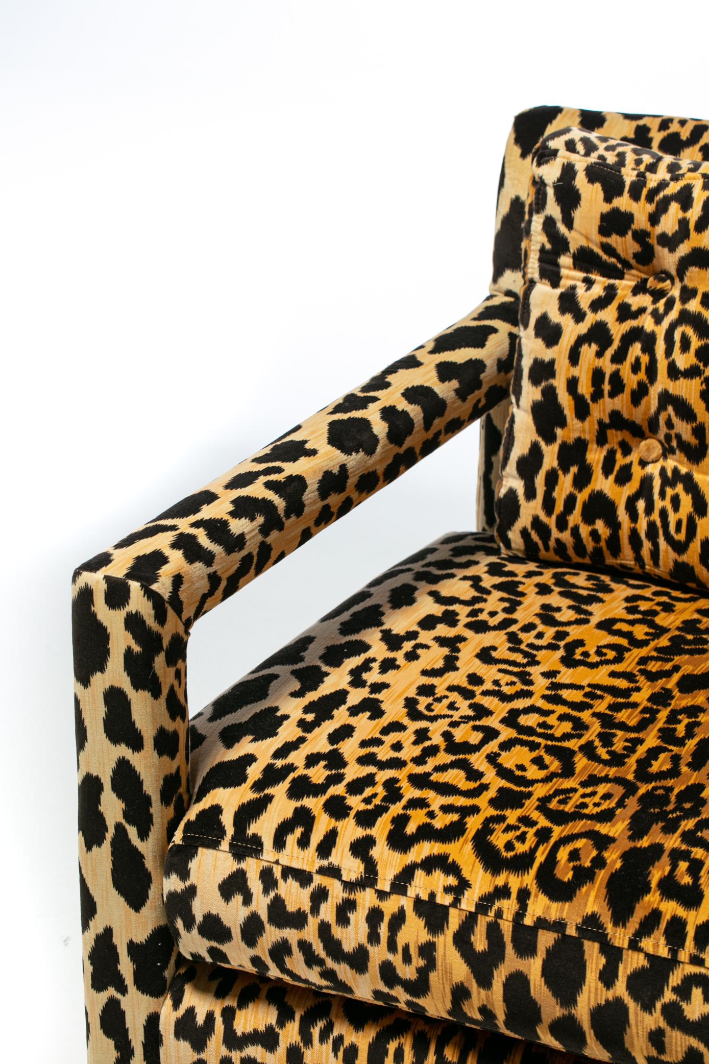 Pair of Milo Baughman Style Mid Century Parsons Chairs in Leopard Velvet c. 1970 For Sale 9