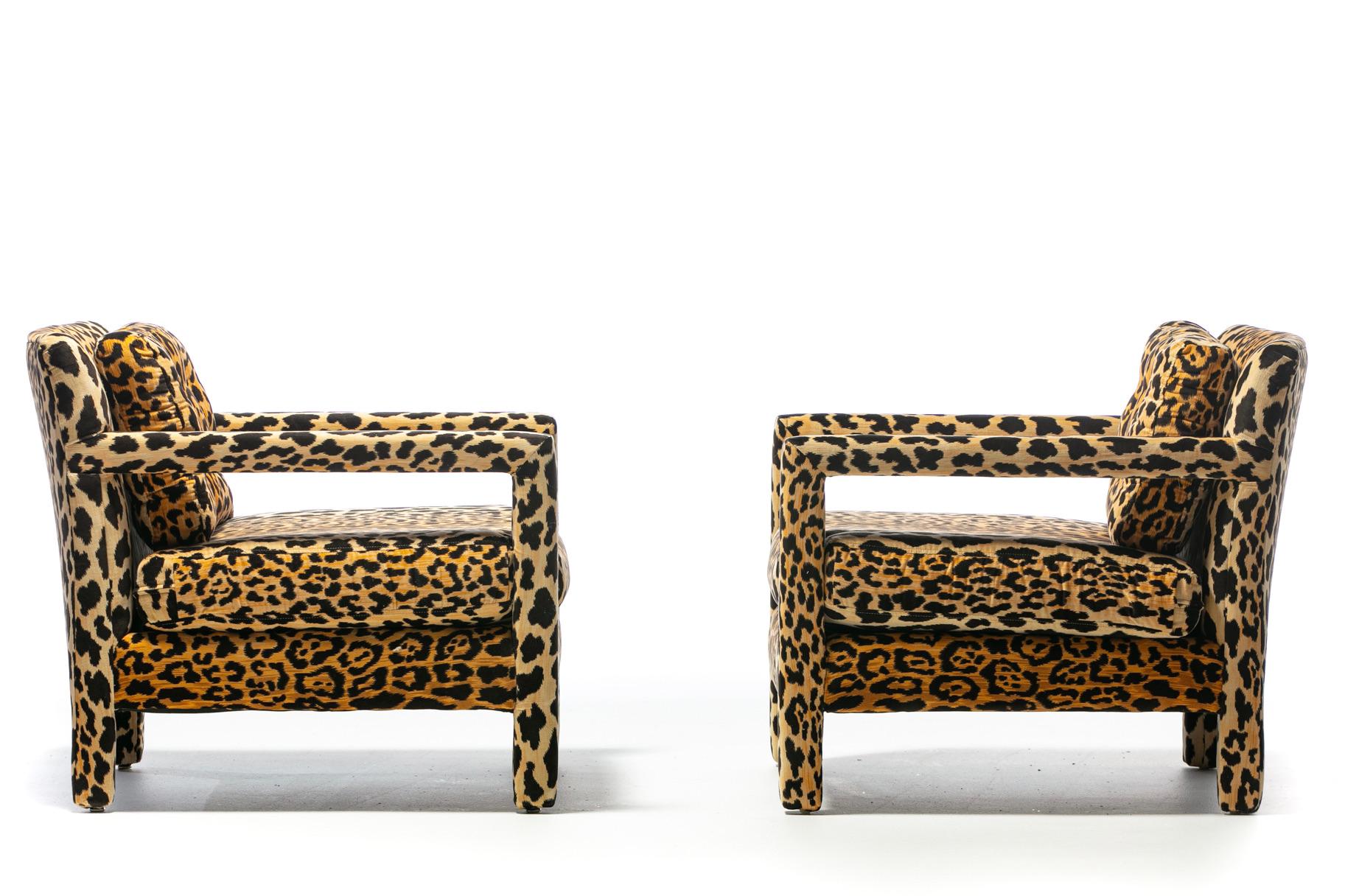 Late 20th Century Pair of Milo Baughman Style Mid Century Parsons Chairs in Leopard Velvet c. 1970 For Sale