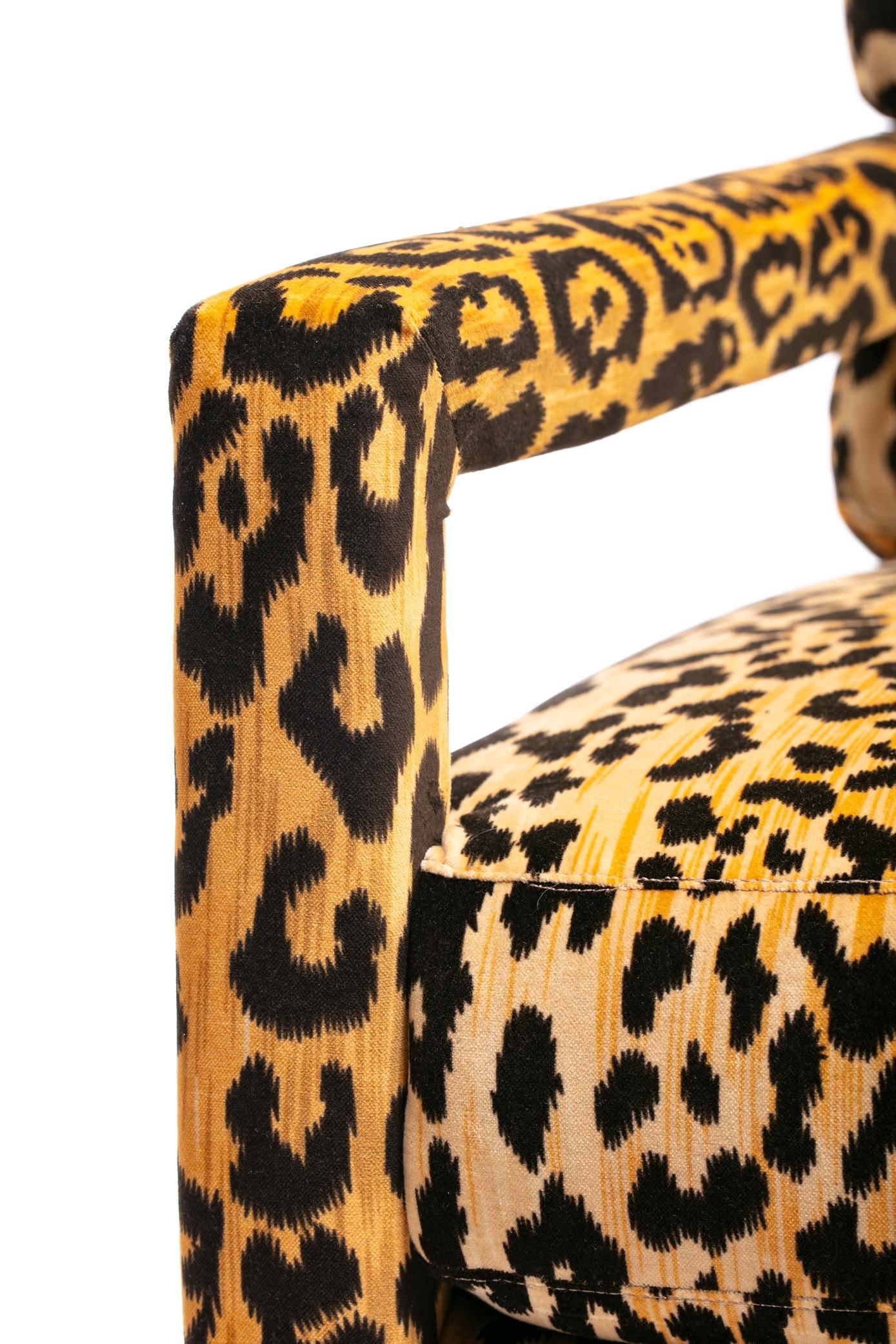Pair of Milo Baughman Style Midcentury Parsons Chairs in Leopard Velvet 3