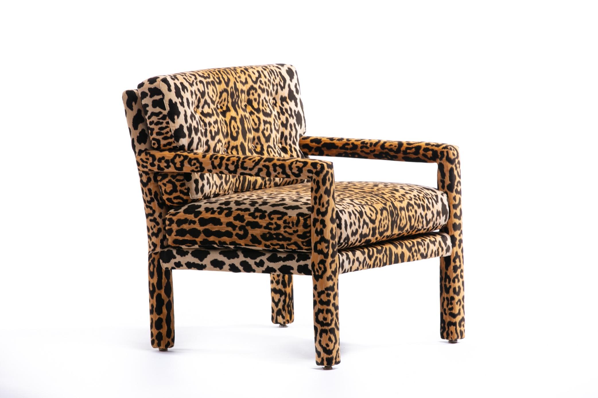 Pair of Milo Baughman Style Midcentury Parsons Chairs in Leopard Velvet 7
