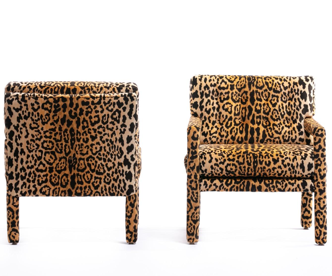 Pair of Milo Baughman Style Midcentury Parsons Chairs in Leopard Velvet 5