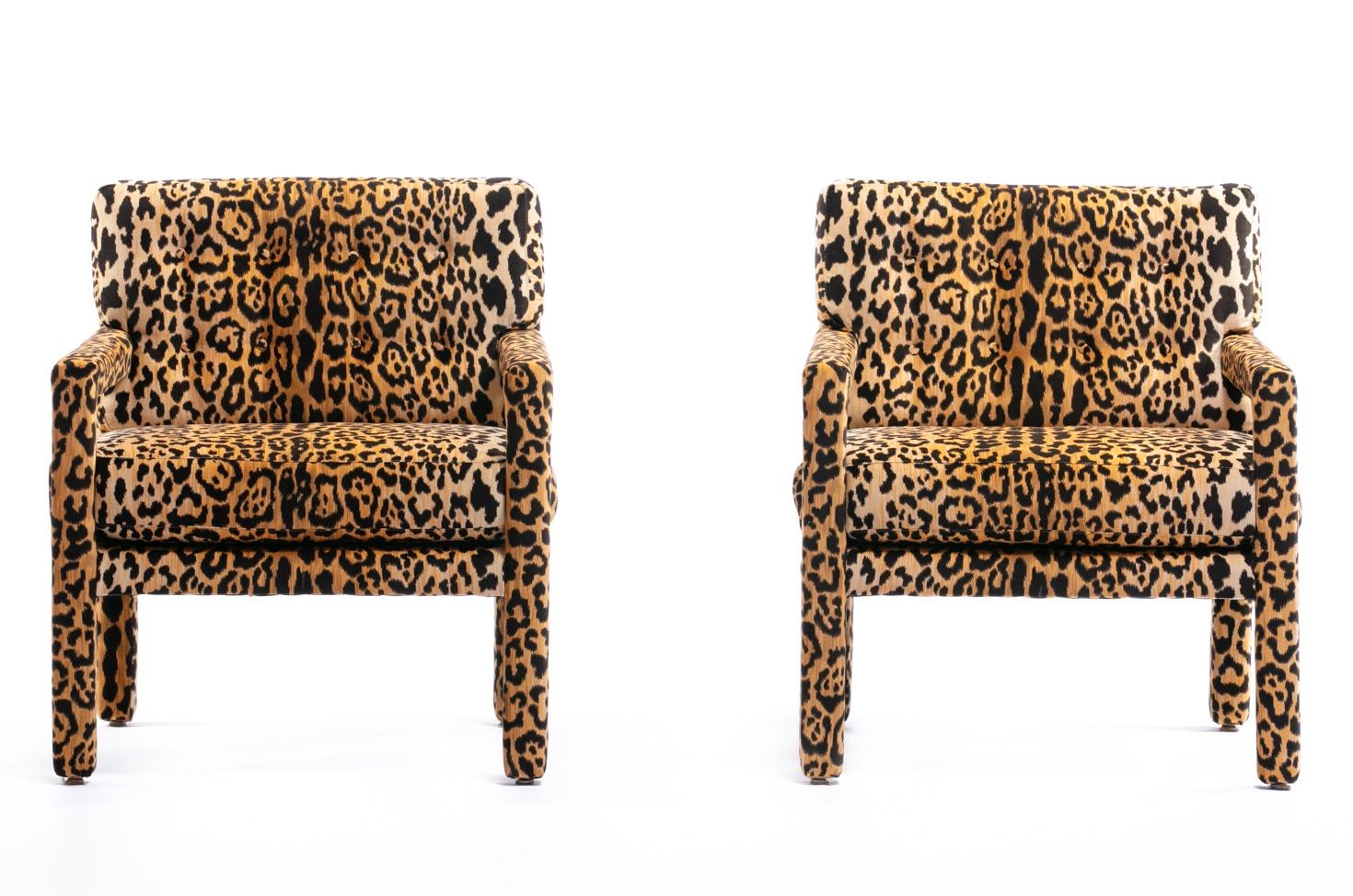 Pair of Milo Baughman Style Midcentury Parsons Chairs in Leopard Velvet 4