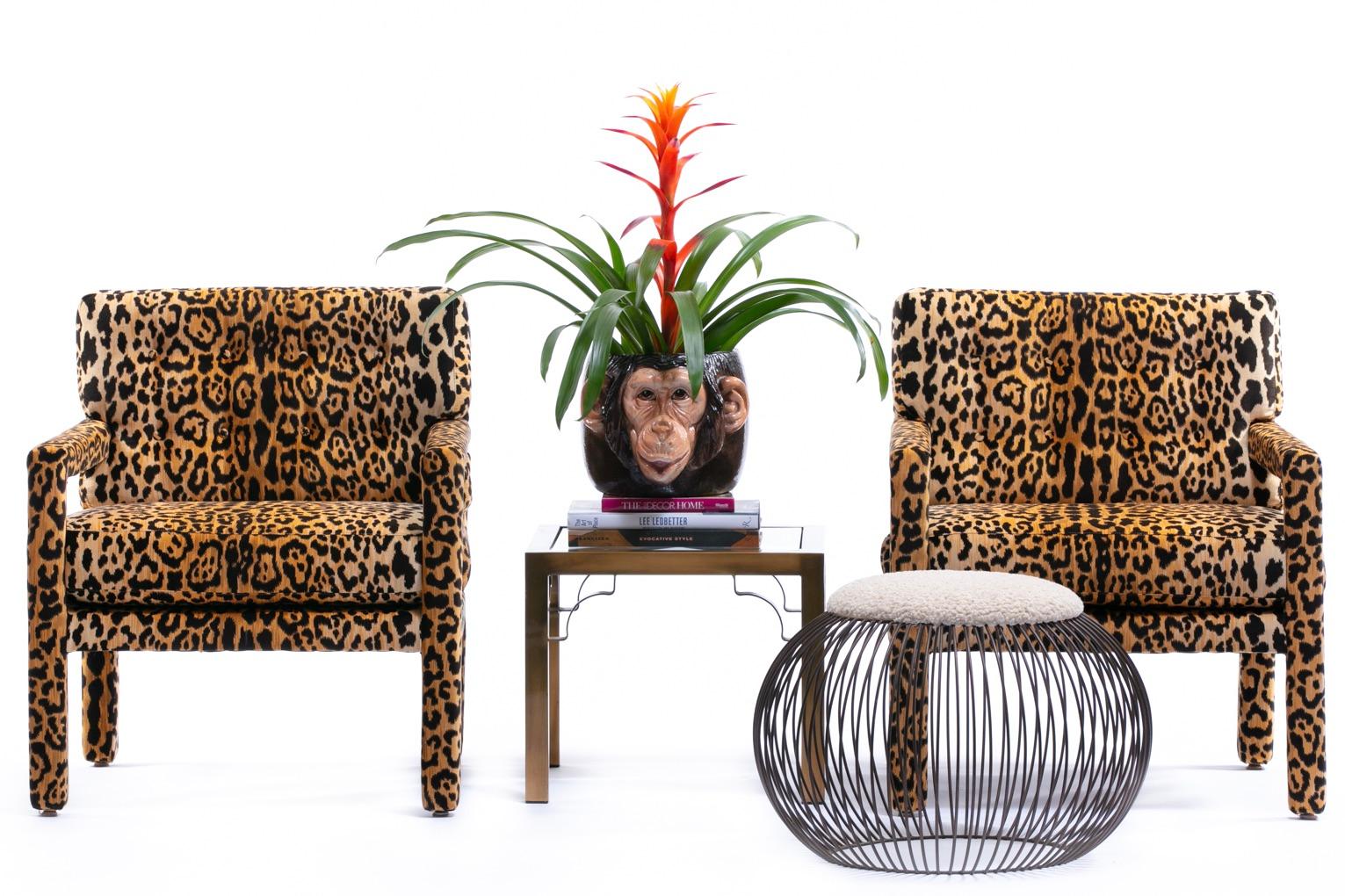 Mid-Century Modern Pair of Milo Baughman Style Midcentury Parsons Chairs in Leopard Velvet