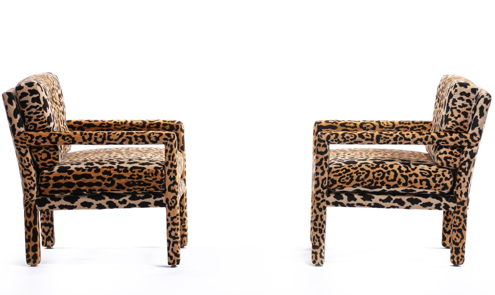 American Pair of Milo Baughman Style Midcentury Parsons Chairs in Leopard Velvet