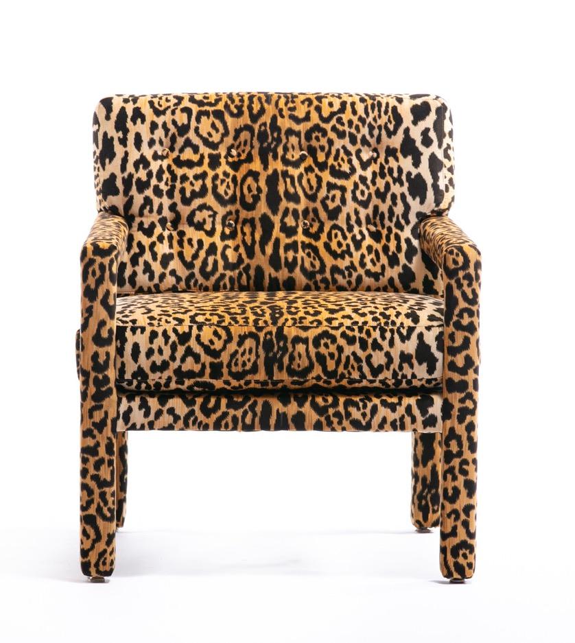 Pair of Milo Baughman Style Midcentury Parsons Chairs in Leopard Velvet In Good Condition In Saint Louis, MO