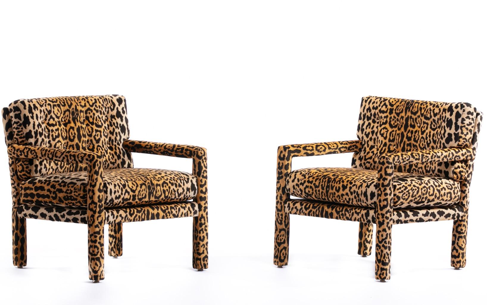 Pair of Milo Baughman Style Midcentury Parsons Chairs in Leopard Velvet