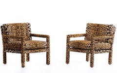 Pair of Milo Baughman Style Midcentury Parsons Chairs in Leopard Velvet