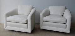 Pair of Milo Baughman Style New White Upholstery Swivel Chairs with Back Cushion