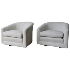 Pair of Milo Baughman Style New White Upholstery Swivel Chairs with Back Cushion