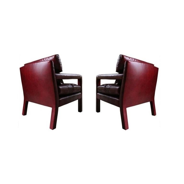 Mid-Century Modern Pair of Milo Baughman Style Ox Blood Red Leather Parsons Chairs