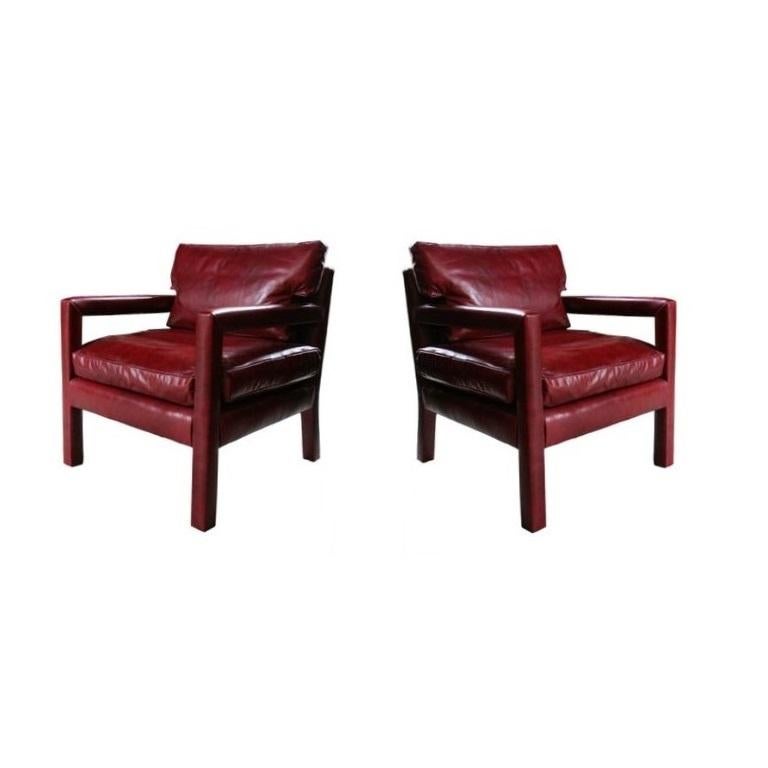 American Pair of Milo Baughman Style Ox Blood Red Leather Parsons Chairs
