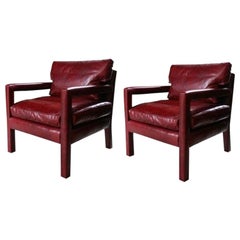 Pair of Milo Baughman Style Ox Blood Red Leather Parsons Chairs