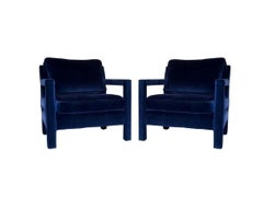 Pair of Milo Baughman Style Parsons Chairs in Blue Velvet