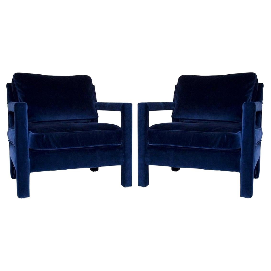 Pair of Milo Baughman Style Parsons Chairs in Blue Velvet