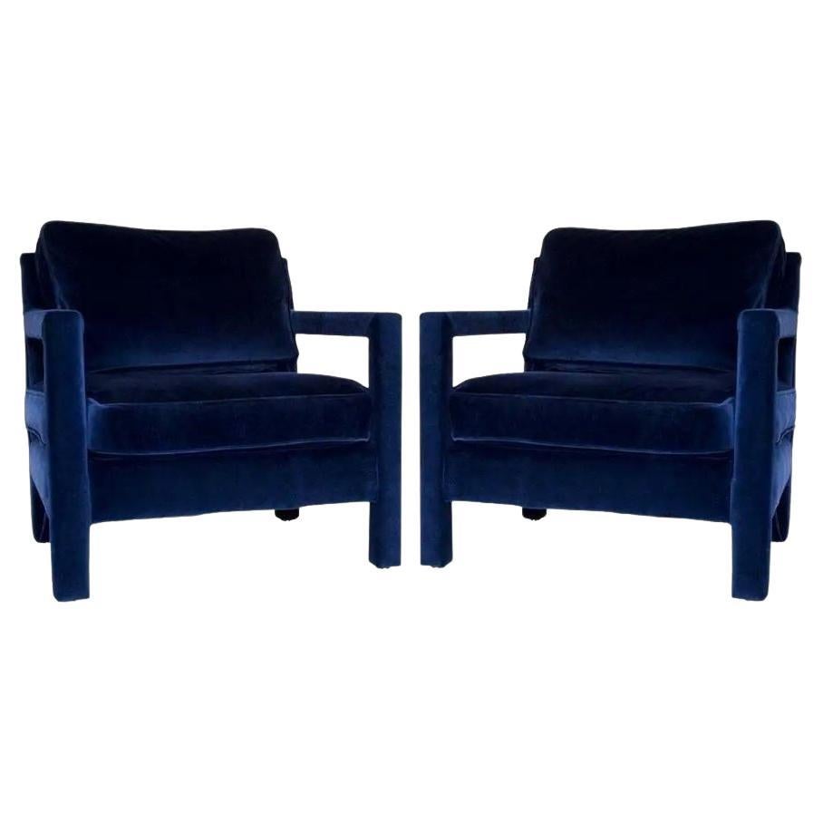 Pair of Milo Baughman Style Parsons Chairs in Blue Velvet For Sale