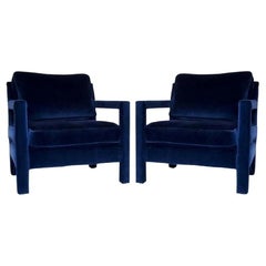 Pair of Milo Baughman Style Parsons Chairs in Blue Velvet