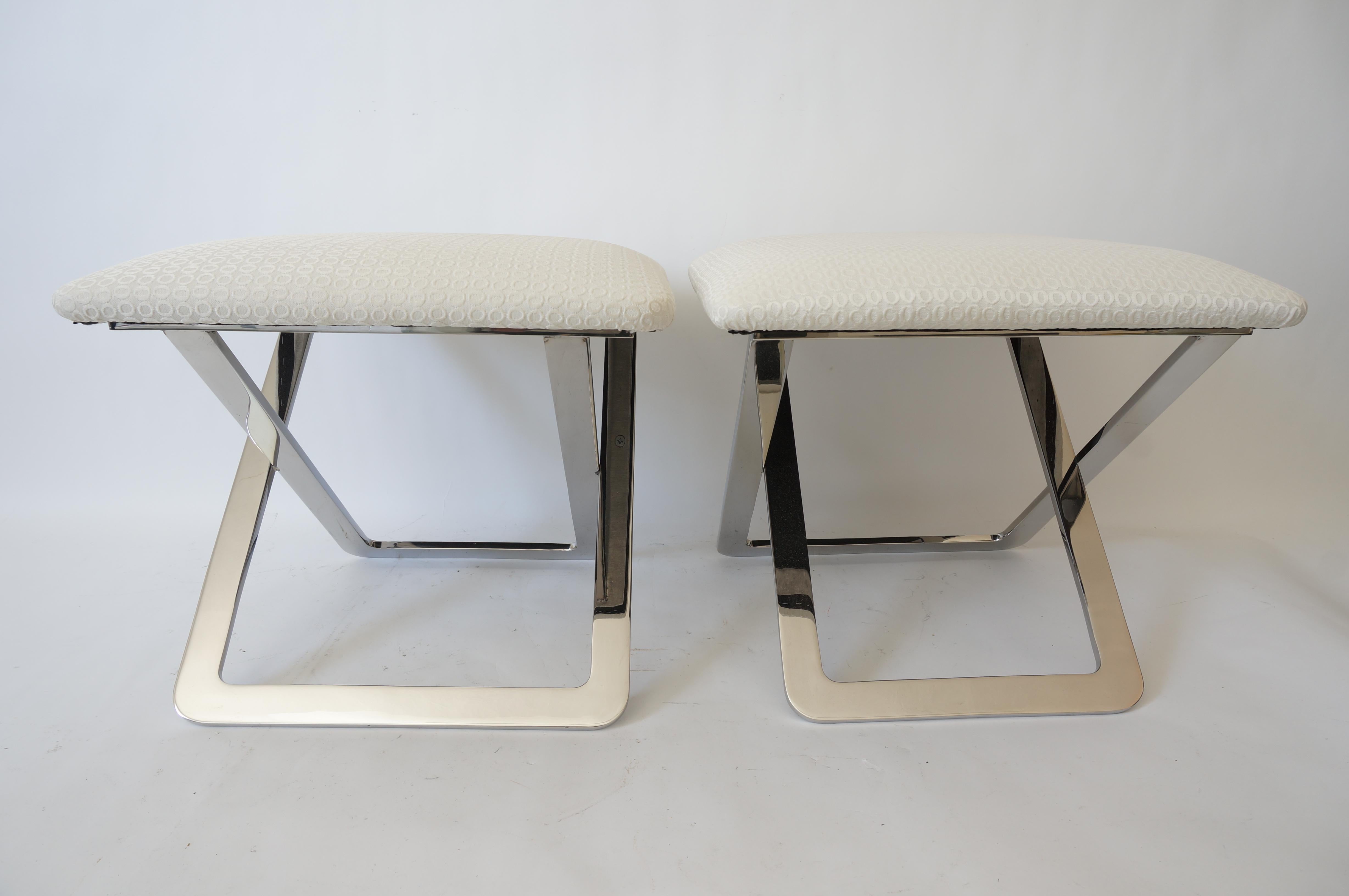 American Pair of Milo Baughman Style Polished Steel Stools For Sale