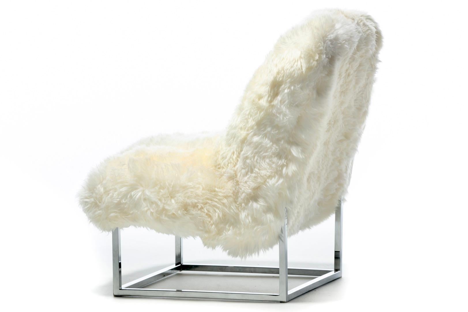 Pair of Milo Baughman Style Sheepskin & Chrome Slipper Chairs c. 1970s For Sale 9