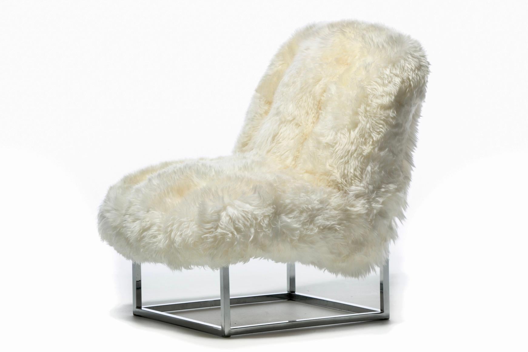 Pair of Milo Baughman Style Sheepskin & Chrome Slipper Chairs c. 1970s For Sale 10