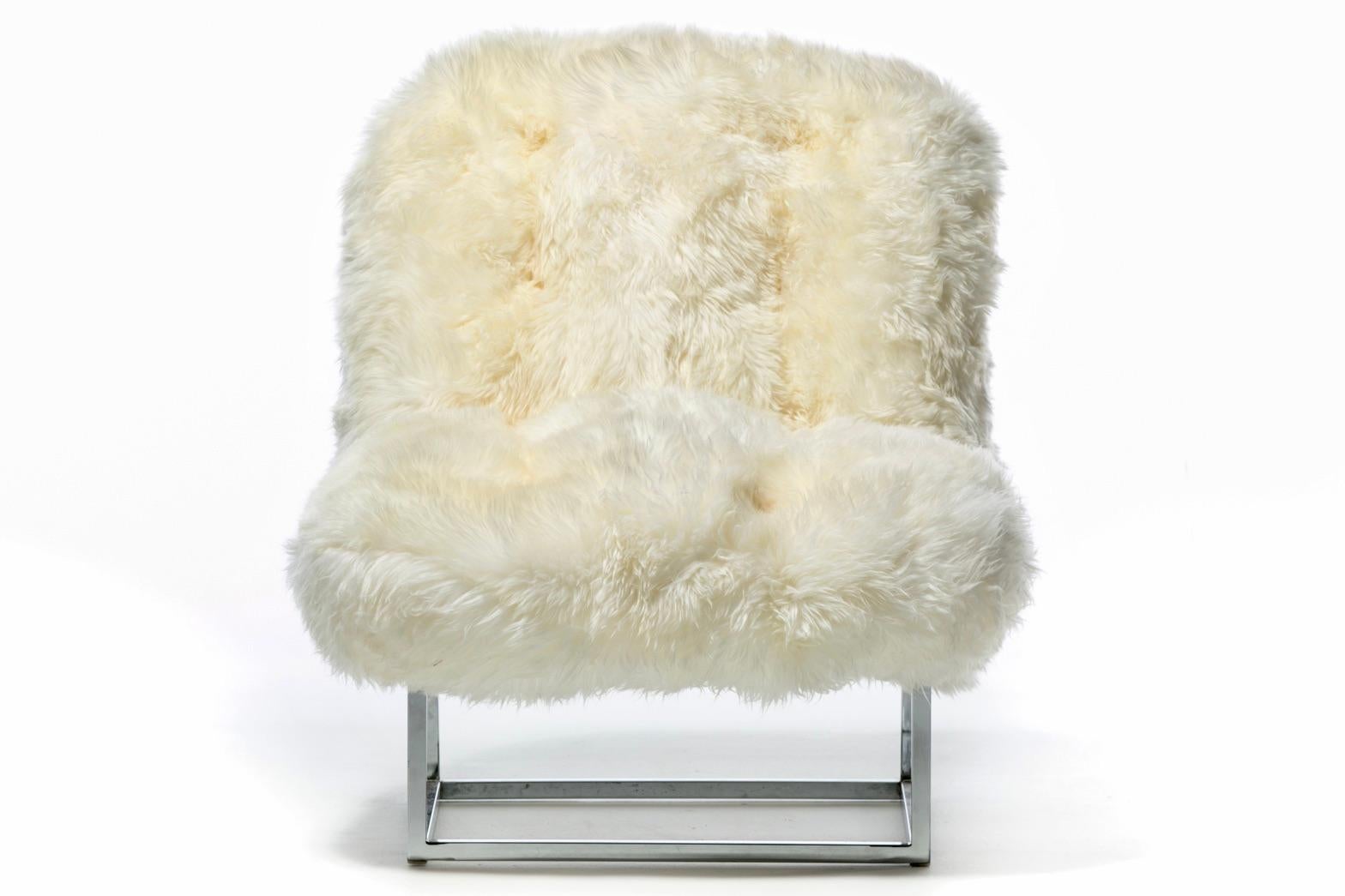 Pair of Milo Baughman Style Sheepskin & Chrome Slipper Chairs c. 1970s For Sale 12