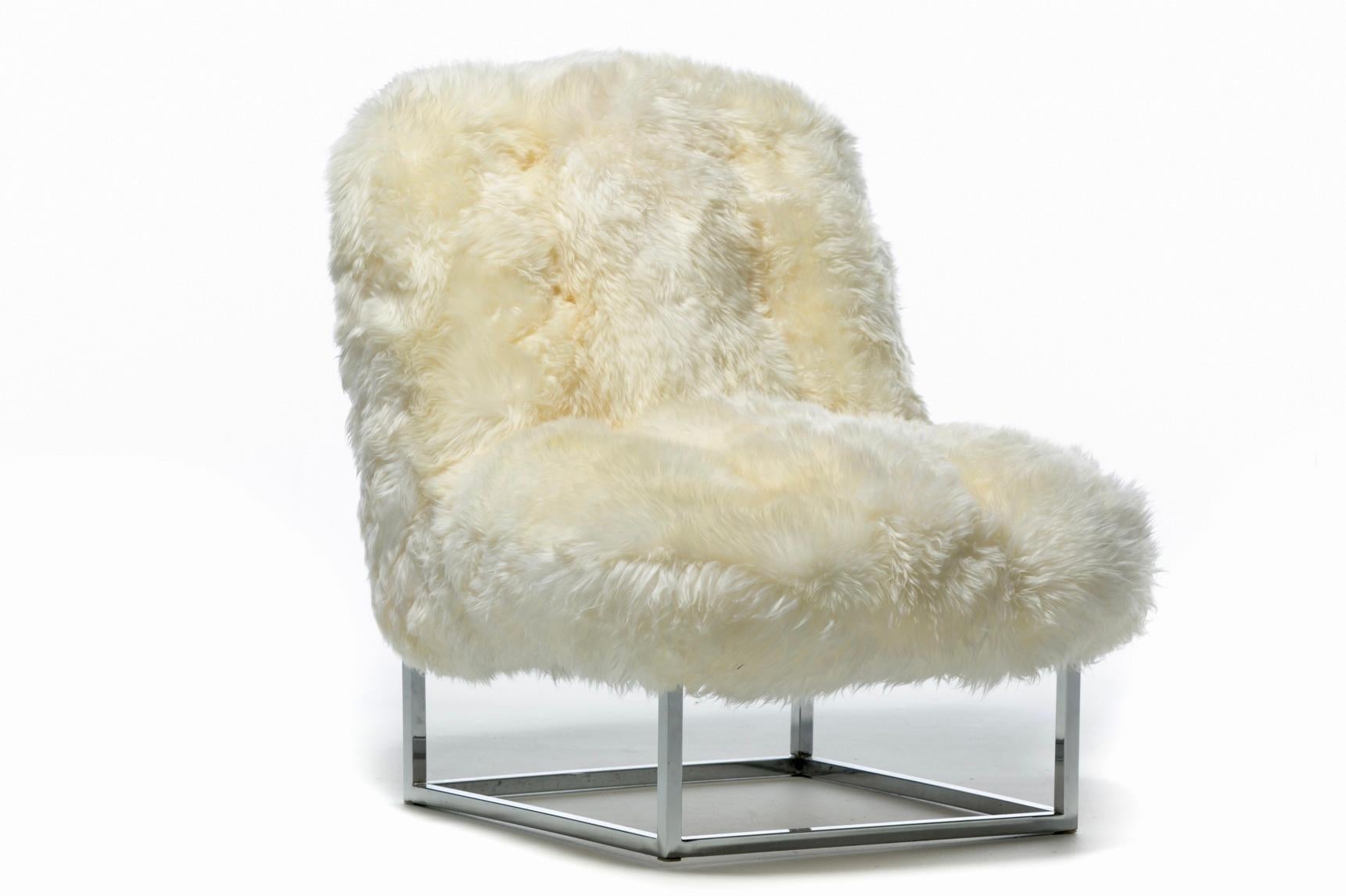 American Pair of Milo Baughman Style Sheepskin & Chrome Slipper Chairs c. 1970s For Sale