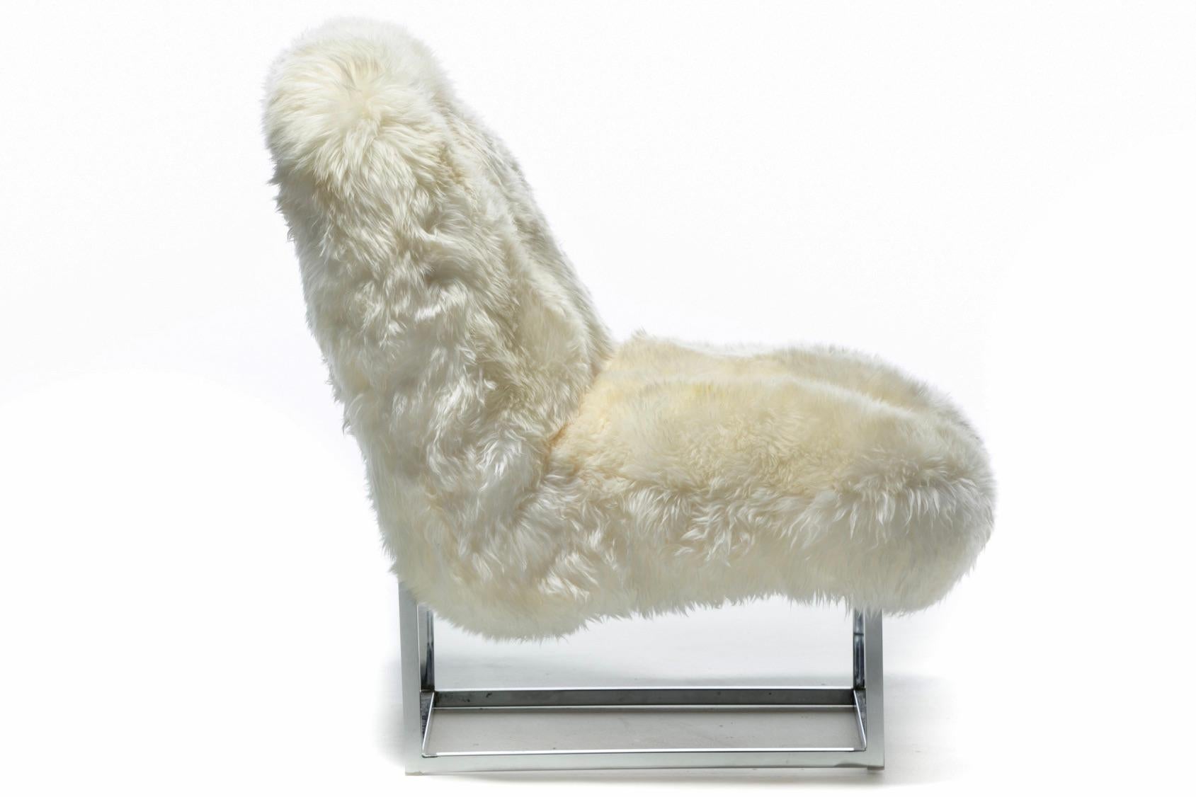 Late 20th Century Pair of Milo Baughman Style Sheepskin & Chrome Slipper Chairs c. 1970s For Sale