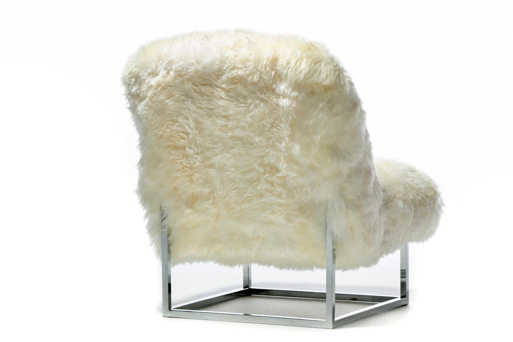 Pair of Milo Baughman Style Sheepskin & Chrome Slipper Chairs c. 1970s For Sale 1