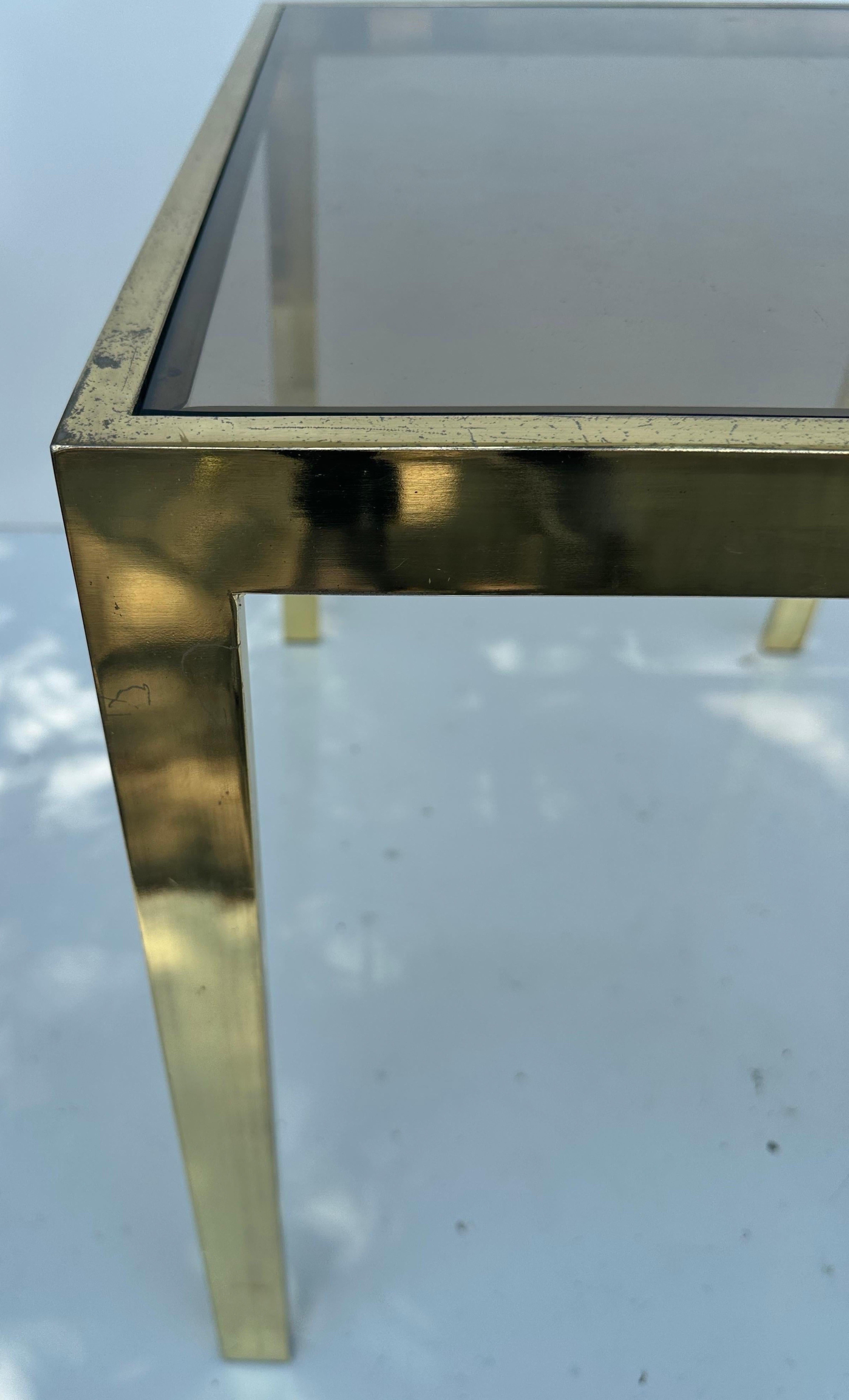 Pair of Milo Baughman Style Side Brass and Smoke glass side table  For Sale 4