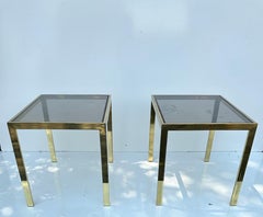 Pair of Milo Baughman Style Side Brass and Smoke glass side table